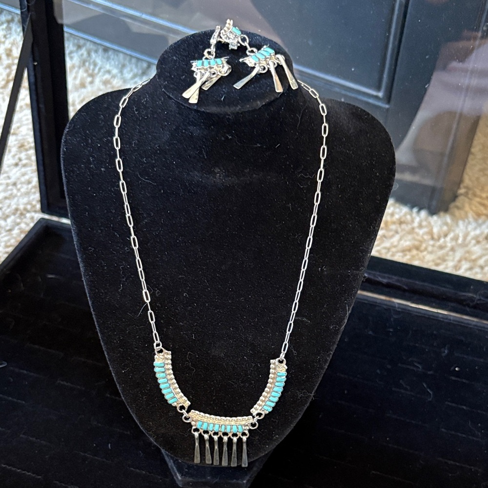 Chic Sterling Silver Necklace and Earring Set with Turquoise Accents. Hopi